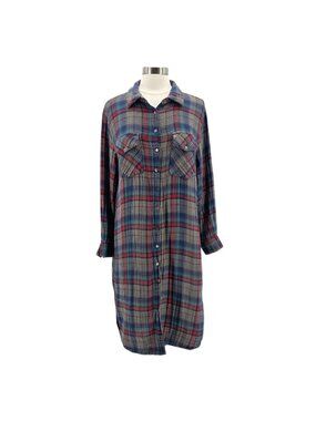 Natural Life Womens Large Dress Cooper Plaid Button Up Shirt Dress Western Boho
